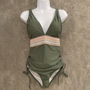 Soft Green Cottage Core One Piece Swimsuit Womens size S Band Detail Side Tie